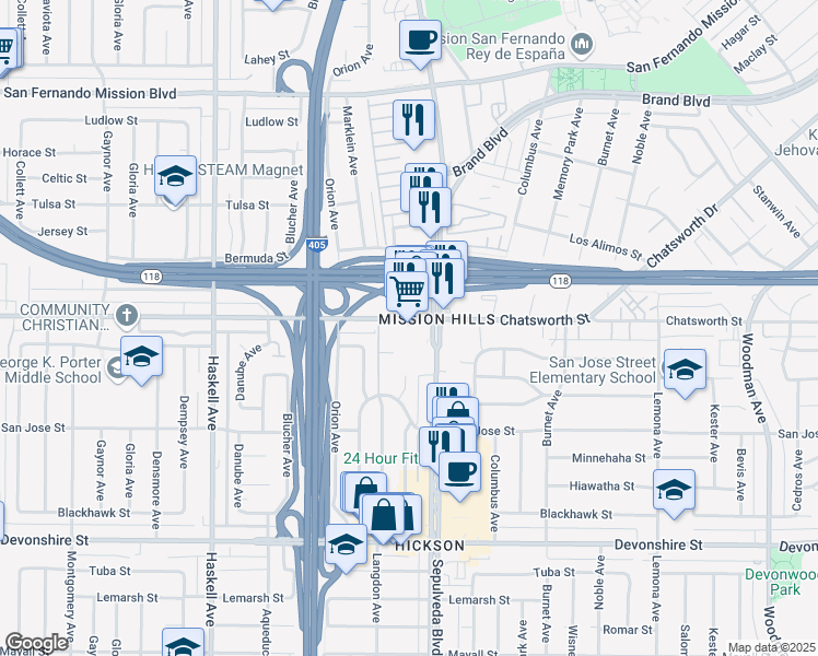 map of restaurants, bars, coffee shops, grocery stores, and more near 2 Chatsworth Street in Los Angeles