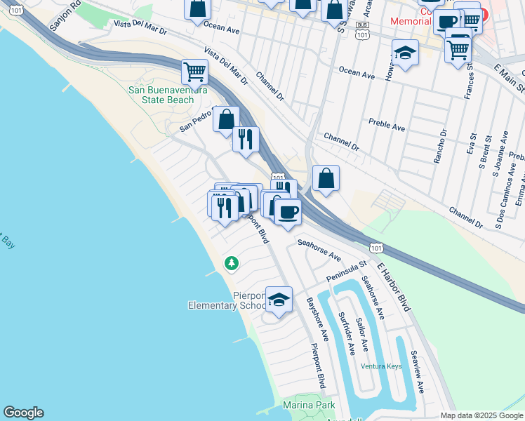 map of restaurants, bars, coffee shops, grocery stores, and more near 996 South Seaward Avenue in Ventura