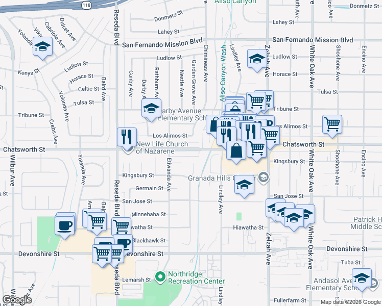 map of restaurants, bars, coffee shops, grocery stores, and more near 18216 Chatsworth Street in Los Angeles