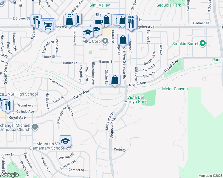 map of restaurants, bars, coffee shops, grocery stores, and more near 3340 Royal Avenue in Simi Valley