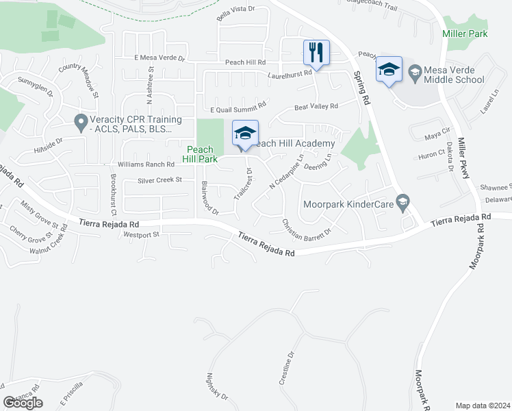 map of restaurants, bars, coffee shops, grocery stores, and more near 4004 North Cedarpine Lane in Moorpark