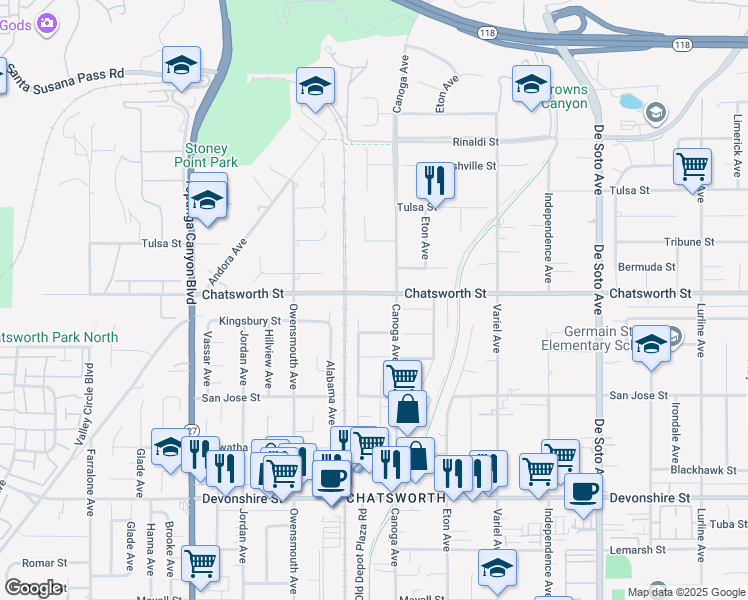 map of restaurants, bars, coffee shops, grocery stores, and more near 21420 Chatsworth Street in Los Angeles