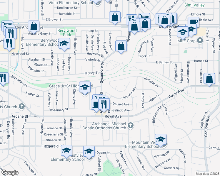 map of restaurants, bars, coffee shops, grocery stores, and more near 2562 Fallon Circle in Simi Valley