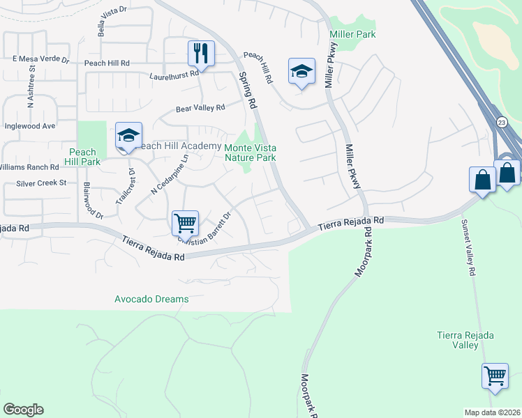 map of restaurants, bars, coffee shops, grocery stores, and more near 14012 Atwood Court in Moorpark