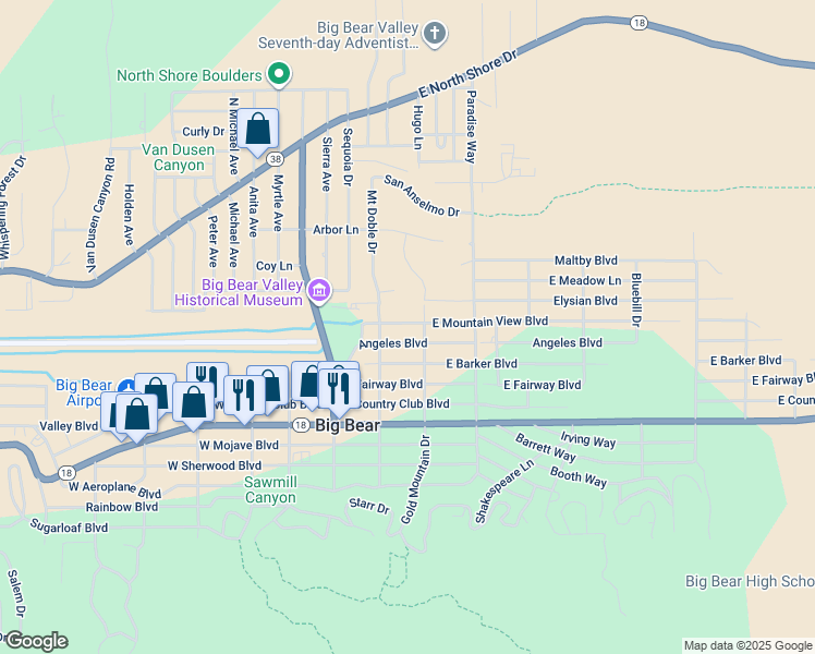 map of restaurants, bars, coffee shops, grocery stores, and more near 224 East Mountain View Boulevard in Big Bear