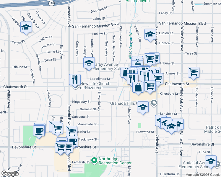 map of restaurants, bars, coffee shops, grocery stores, and more near 18216 Chatsworth Street in Los Angeles