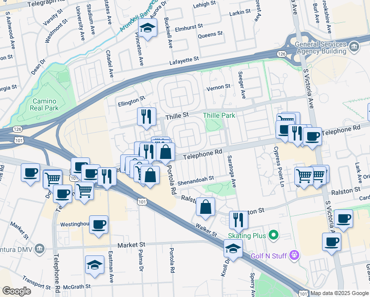 map of restaurants, bars, coffee shops, grocery stores, and more near 180 Gay Drive in Ventura