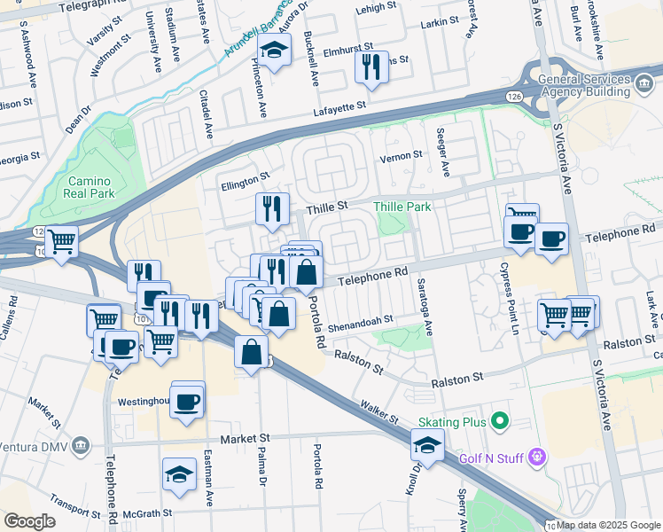 map of restaurants, bars, coffee shops, grocery stores, and more near 106 Gay Drive in Ventura
