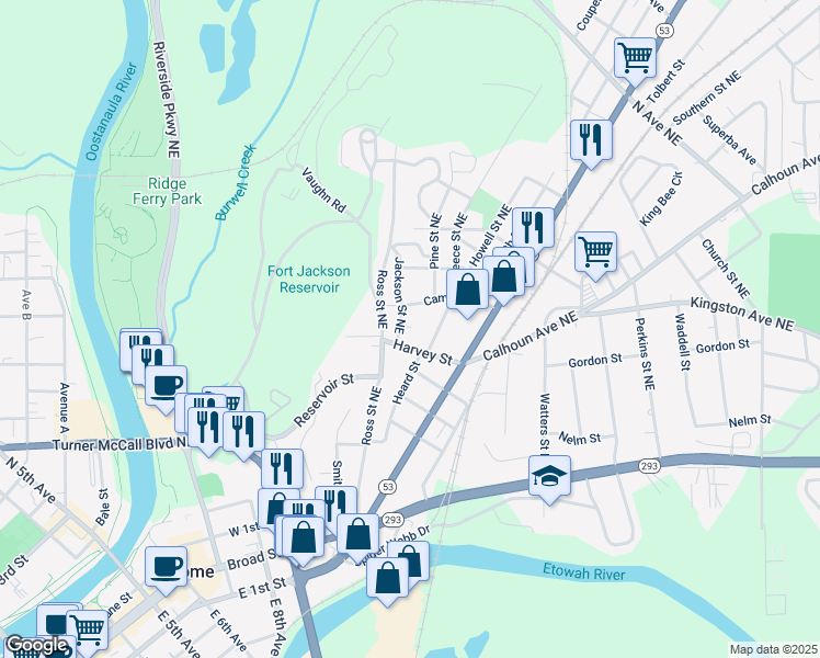 map of restaurants, bars, coffee shops, grocery stores, and more near 10 Copeland Street Northeast in Rome