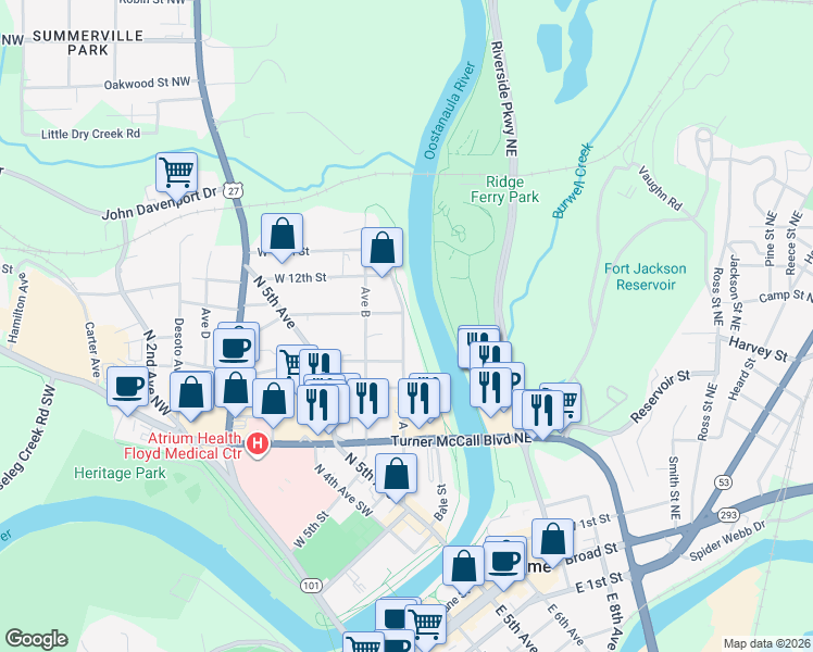 map of restaurants, bars, coffee shops, grocery stores, and more near 1010 Avenue A Northeast in Rome