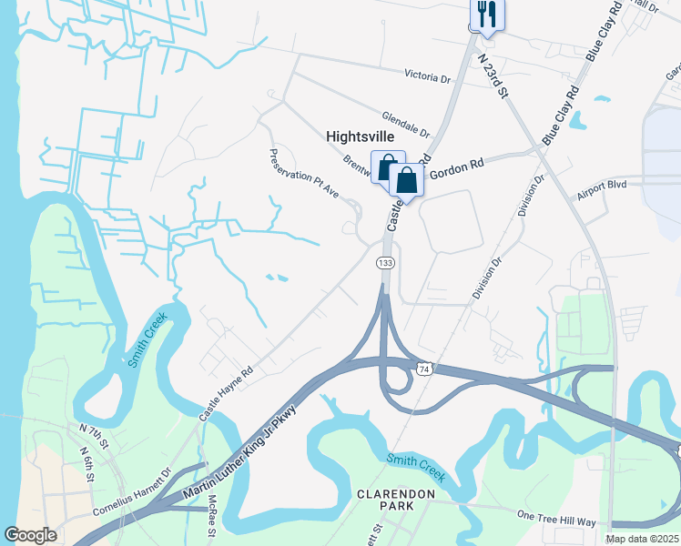 map of restaurants, bars, coffee shops, grocery stores, and more near 1521 Castle Hayne Road in Wilmington