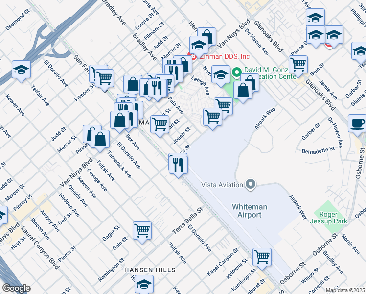 map of restaurants, bars, coffee shops, grocery stores, and more near 13059 Pierce Street in Los Angeles