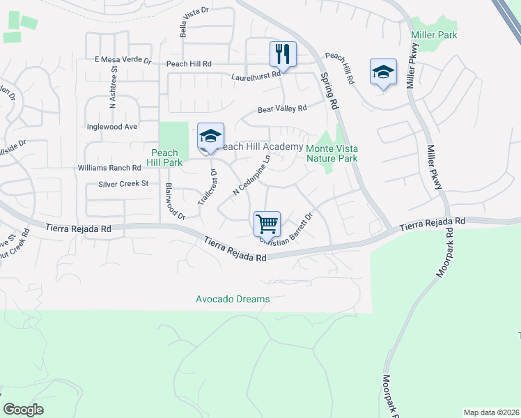 map of restaurants, bars, coffee shops, grocery stores, and more near 4067 Weeping Willow Drive in Moorpark