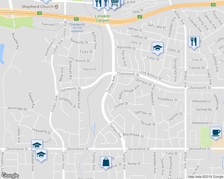 map of restaurants, bars, coffee shops, grocery stores, and more near 10717 Des Moines Avenue in Los Angeles