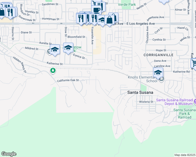 map of restaurants, bars, coffee shops, grocery stores, and more near 5829 Oak Knolls Road in Simi Valley