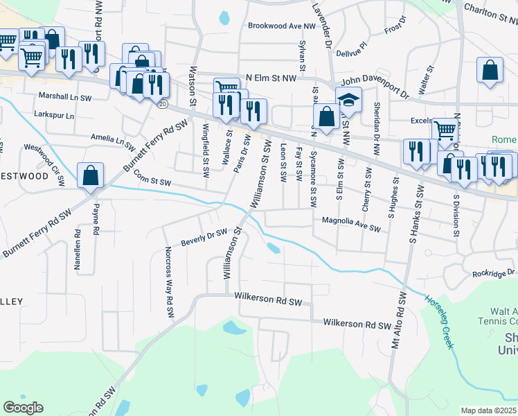map of restaurants, bars, coffee shops, grocery stores, and more near 1310 Magnolia Avenue Southwest in Rome