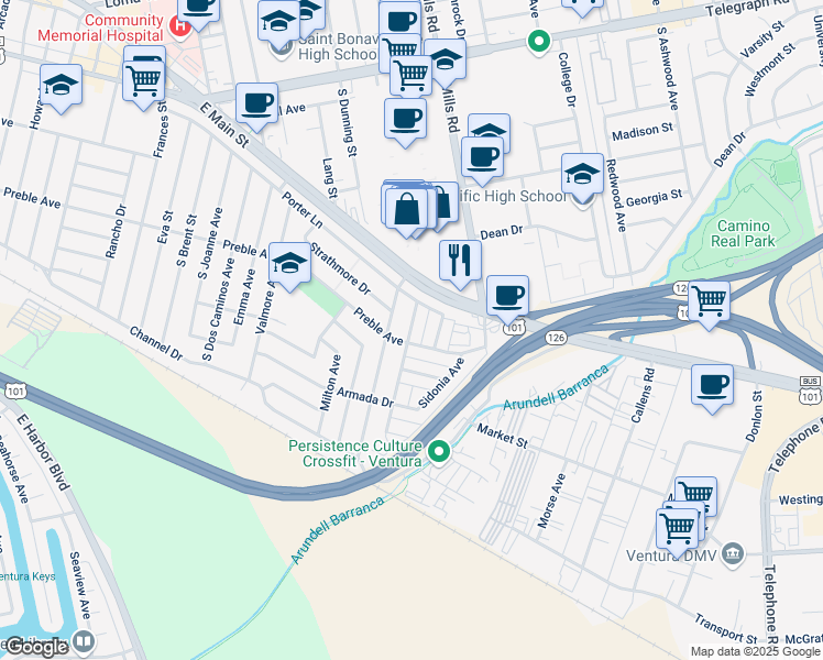map of restaurants, bars, coffee shops, grocery stores, and more near 674 Empire Avenue in Ventura