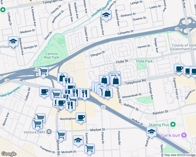 map of restaurants, bars, coffee shops, grocery stores, and more near 1015 Britten Ln in Ventura