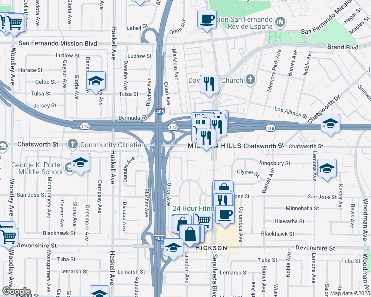 map of restaurants, bars, coffee shops, grocery stores, and more near 15500 Chatsworth Street in Los Angeles