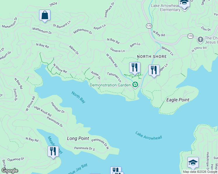 map of restaurants, bars, coffee shops, grocery stores, and more near 28087 North Shore Road in Lake Arrowhead