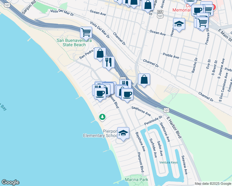 map of restaurants, bars, coffee shops, grocery stores, and more near 996 South Seaward Avenue in Ventura
