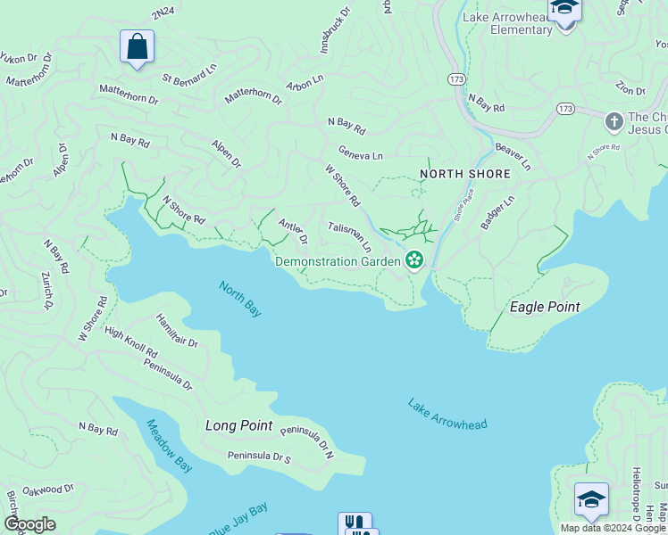 map of restaurants, bars, coffee shops, grocery stores, and more near 28087 North Shore Road in Lake Arrowhead