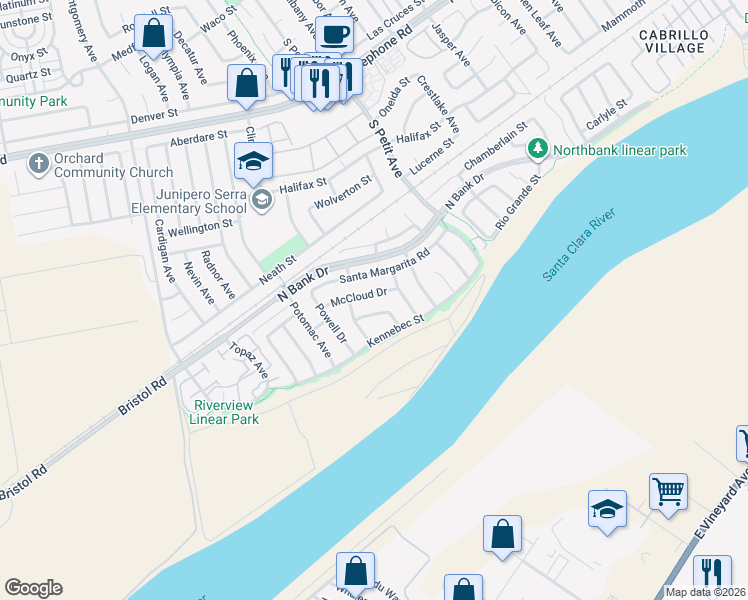 map of restaurants, bars, coffee shops, grocery stores, and more near 9046 McCloud Drive in Ventura