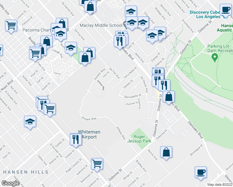 map of restaurants, bars, coffee shops, grocery stores, and more near 12670 Terra Bella Street in Los Angeles