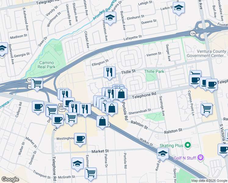 map of restaurants, bars, coffee shops, grocery stores, and more near 1045 Gilbert Lane in Ventura