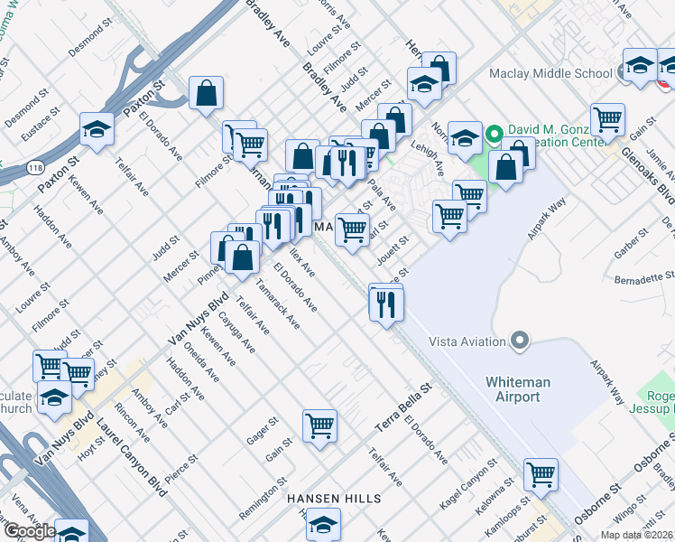 map of restaurants, bars, coffee shops, grocery stores, and more near 10693 San Fernando Road in Los Angeles