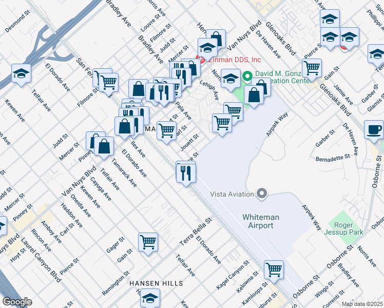 map of restaurants, bars, coffee shops, grocery stores, and more near 13059 Pierce Street in Los Angeles
