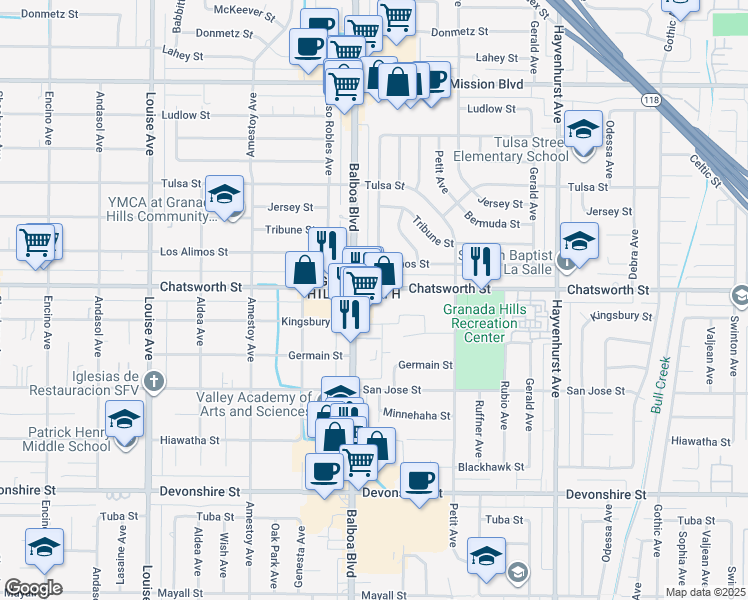 map of restaurants, bars, coffee shops, grocery stores, and more near 16940 Chatsworth Street in Los Angeles