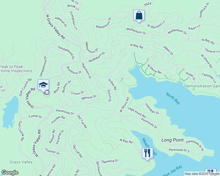 map of restaurants, bars, coffee shops, grocery stores, and more near 795 Zurich Drive in Lake Arrowhead