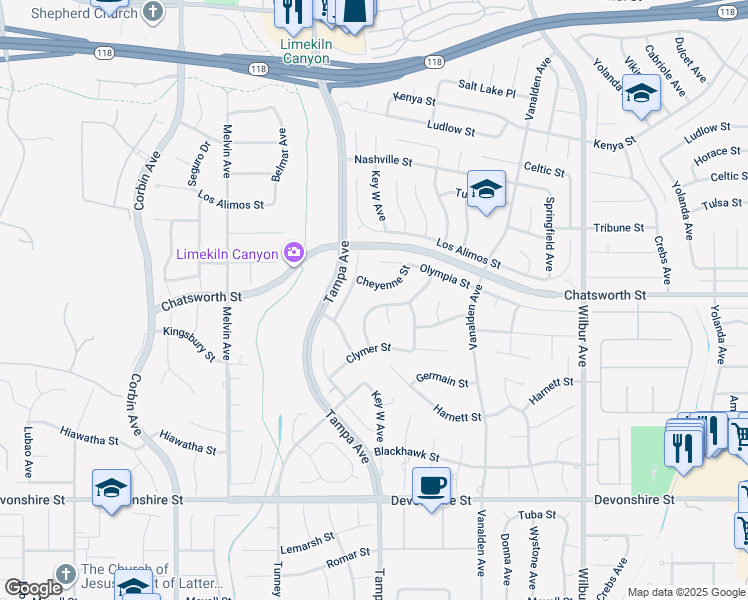 map of restaurants, bars, coffee shops, grocery stores, and more near 10661 Baton Rouge Avenue in Los Angeles