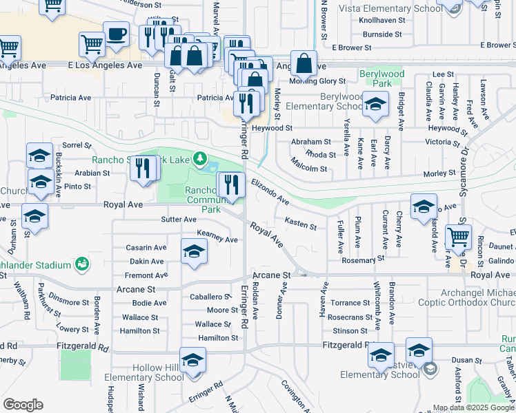 map of restaurants, bars, coffee shops, grocery stores, and more near 1407 Duarte Circle in Simi Valley