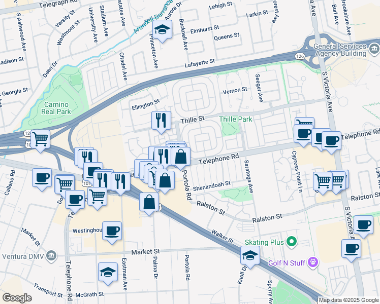 map of restaurants, bars, coffee shops, grocery stores, and more near 106 Gay Drive in Ventura