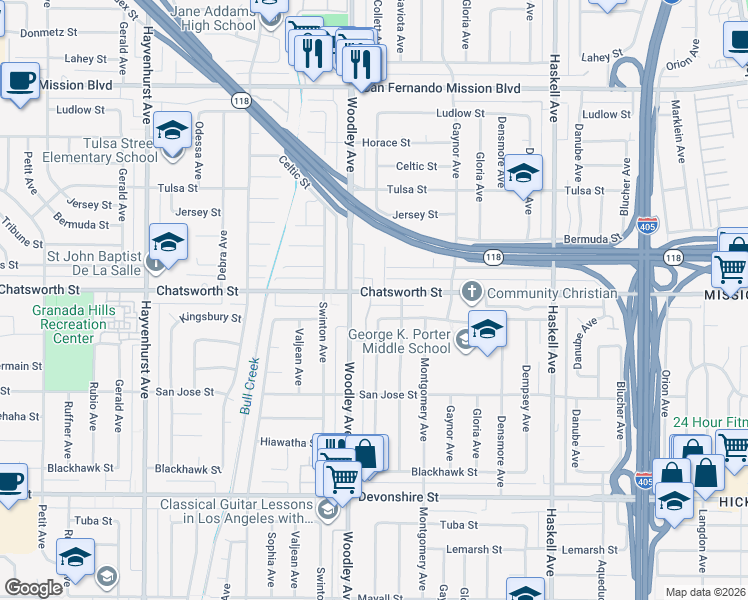 map of restaurants, bars, coffee shops, grocery stores, and more near 16132 Chatsworth Street in Los Angeles