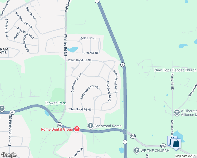 map of restaurants, bars, coffee shops, grocery stores, and more near 14 Barnesdale Way Northeast in Rome