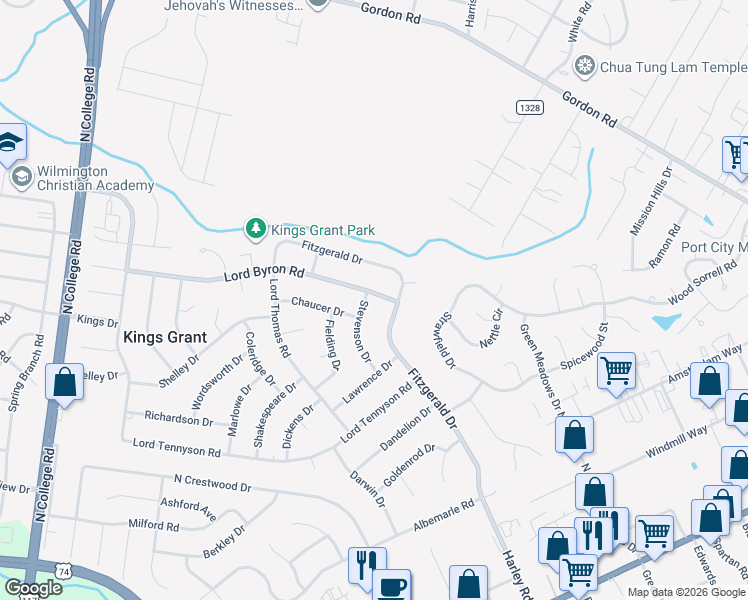 map of restaurants, bars, coffee shops, grocery stores, and more near 5202 Lord Byron Road in Wilmington