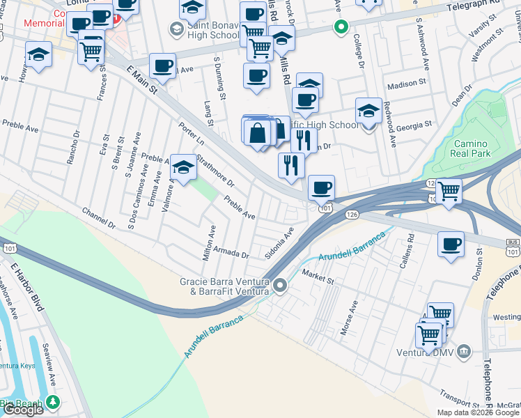 map of restaurants, bars, coffee shops, grocery stores, and more near 664 Empire Avenue in Ventura