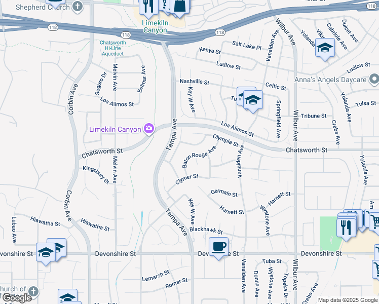 map of restaurants, bars, coffee shops, grocery stores, and more near 10661 Baton Rouge Avenue in Los Angeles