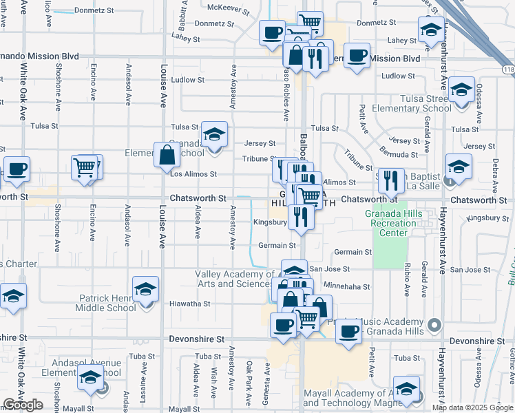 map of restaurants, bars, coffee shops, grocery stores, and more near 17082 Chatsworth Street in Los Angeles