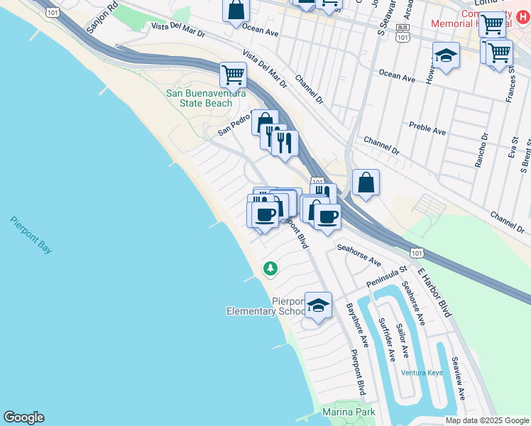 map of restaurants, bars, coffee shops, grocery stores, and more near 1073 Bath Lane in Ventura