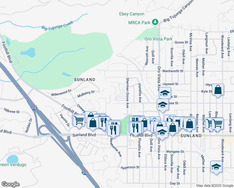 map of restaurants, bars, coffee shops, grocery stores, and more near 10799 Sherman Grove Avenue in Los Angeles