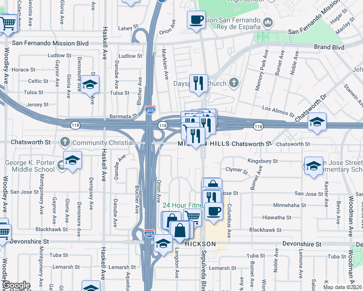 map of restaurants, bars, coffee shops, grocery stores, and more near 15510 Chatsworth Street in Los Angeles
