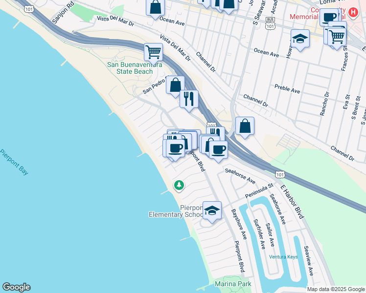 map of restaurants, bars, coffee shops, grocery stores, and more near 2272 Pierpont Boulevard in Ventura
