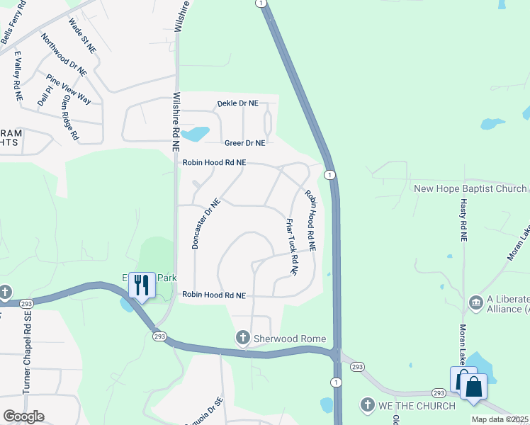 map of restaurants, bars, coffee shops, grocery stores, and more near 16 Barnesdale Way Northeast in Rome