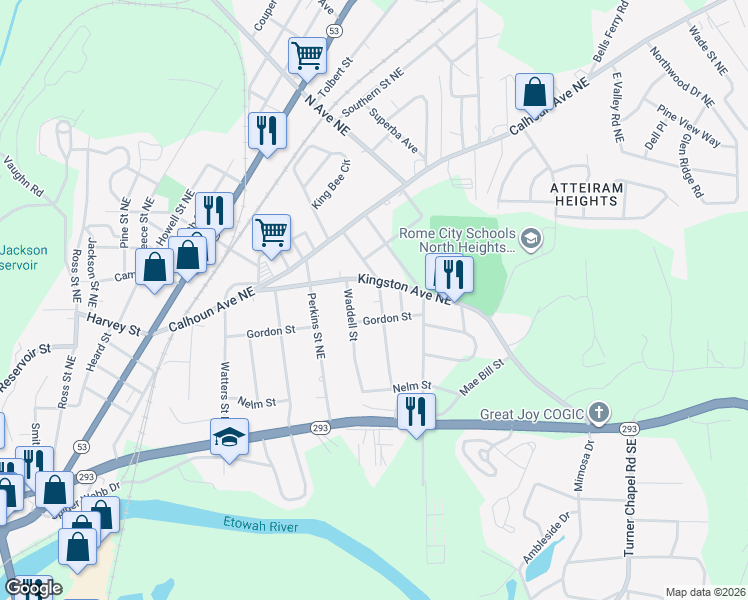 map of restaurants, bars, coffee shops, grocery stores, and more near 300 Waddell Street in Rome