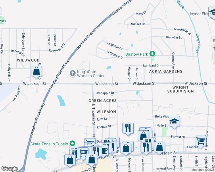 map of restaurants, bars, coffee shops, grocery stores, and more near 1835 West Jackson Street in Tupelo