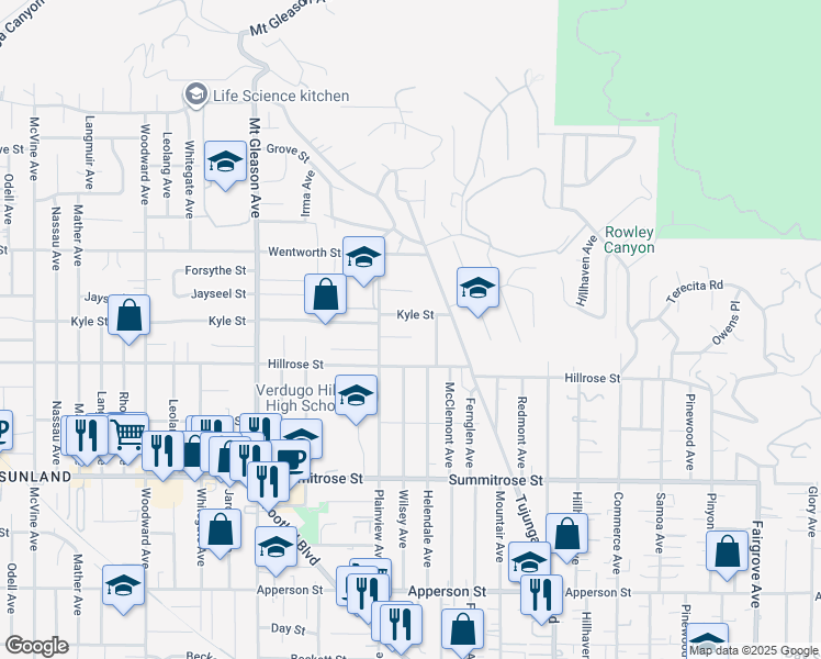 map of restaurants, bars, coffee shops, grocery stores, and more near 7543 Owens Street in Los Angeles